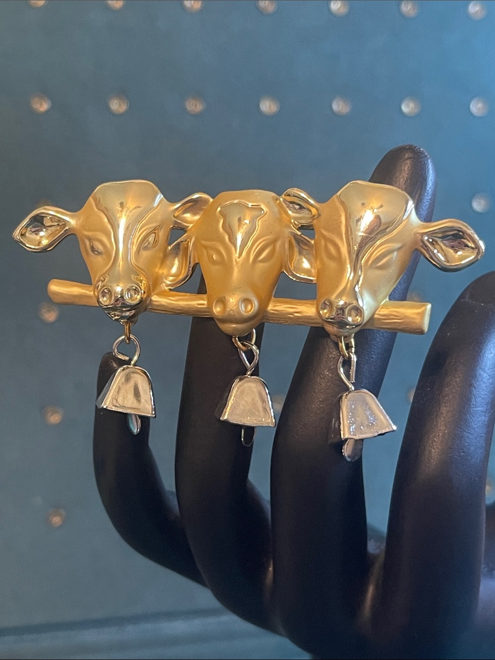 Vintage AJC Three Cows with Cowbells Gold-Tone Dangle Brooch